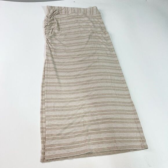 Athleta Maxi Skirt Women's Medium Serafina Beige White Striped Ruched Side Slit - Picture 1 of 10